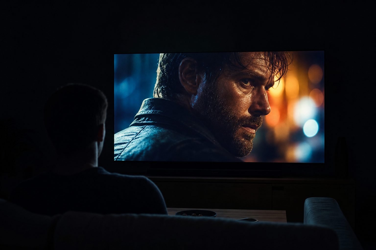 Mann schaut auf großen OLED-Fernseher in dunklem Wohnzimmer